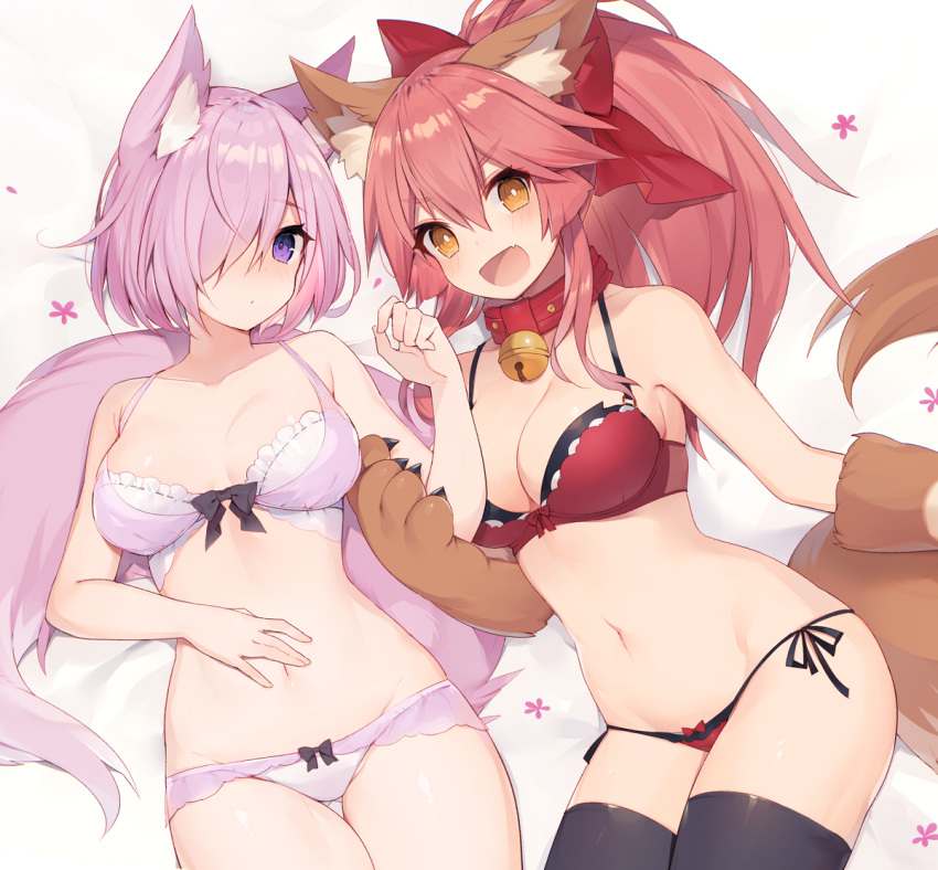 2girls :d animal_ear_fluff animal_ears bell bell_collar black_legwear blush bow bow_bra bow_panties bra breasts cleavage collar fang fox_ears fox_tail frilled_bra frills gloves hair_bow hair_over_one_eye kemonomimi_mode lavender_hair lingerie mash_kyrielight medium_breasts multiple_girls muryotaro open_mouth panties paw_gloves paws pink_hair ponytail purple_eyes red_bra short_hair side-tie_panties smile tail tamamo_(fate)_(all) tamamo_cat_(fate) thighhighs underwear yellow_eyes