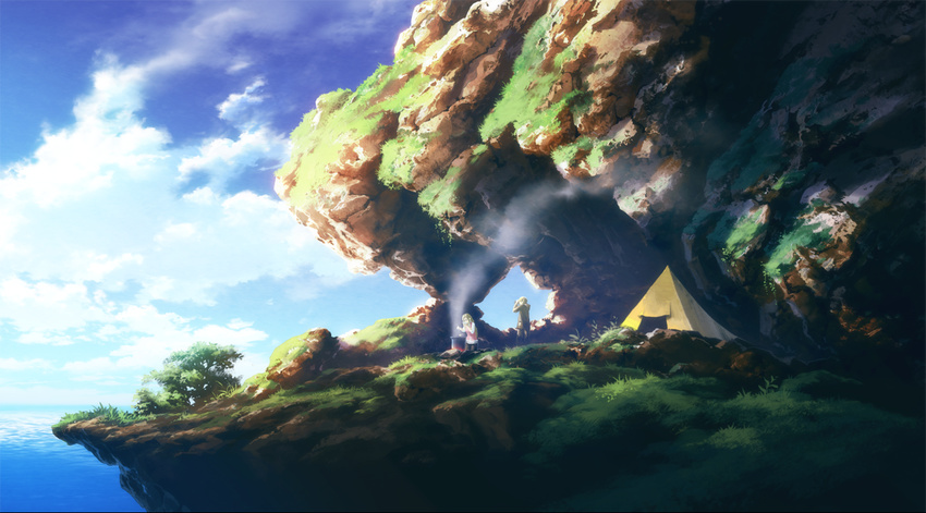 1girl blonde_hair campfire cliff cloud mocha_(cotton) mountain original scenery sky smoke tent tree