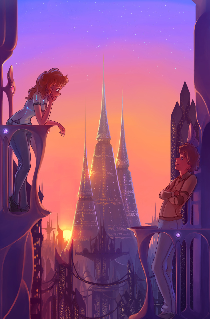 1girl balcony brown_hair building chin_rest cover cover_page highres neon_trim orange_hair rtil science_fiction seed_of_eons sky skyscraper star_(sky) starry_sky sunset talking