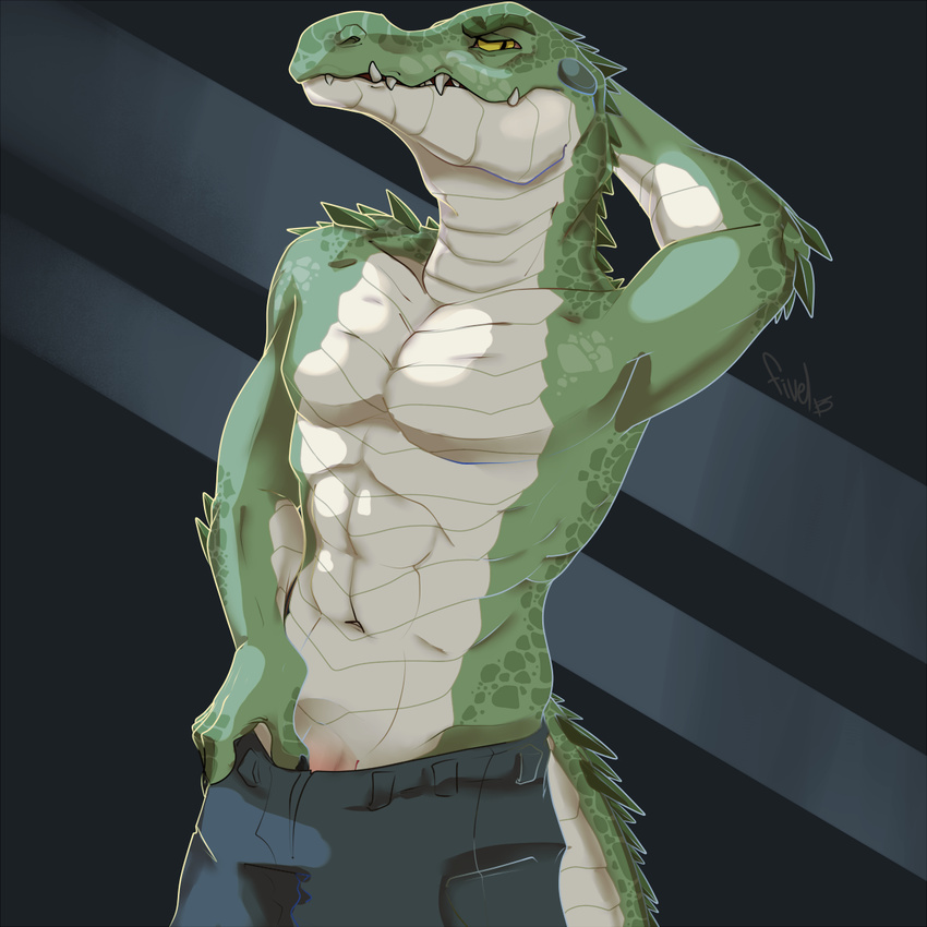 abs abstract_background alligator anthro arm_behind_head armpits biceps blue_background clothed clothing fangs fivel flexing green_skin grey_skin half-dressed horn male muscles pants pecs penis plain_background pose presenting reptile scales scalie solo standing teeth toned topless yellow_eyes