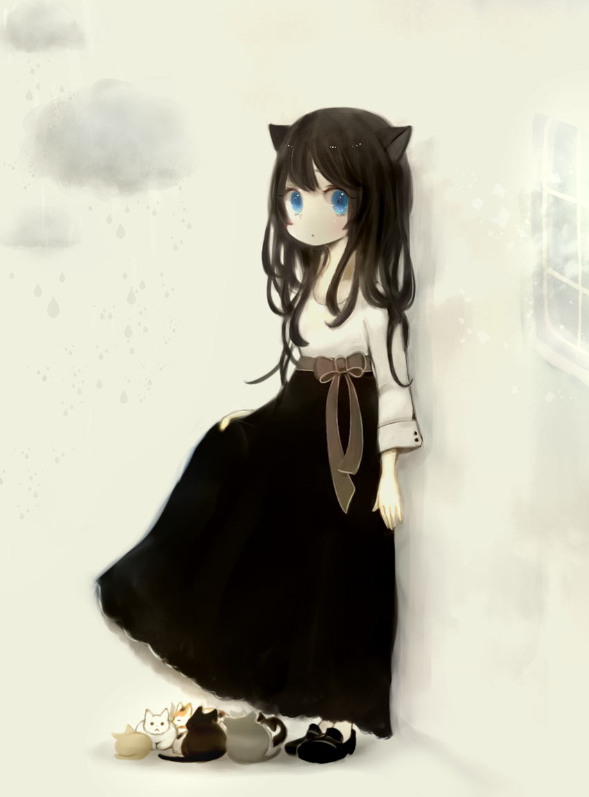 animal_ears black_hair blue_eyes cat cat_ears curly_hair dress highres koneko_mari long_hair looking_at_viewer original ribbon skirt_hold solo standing window