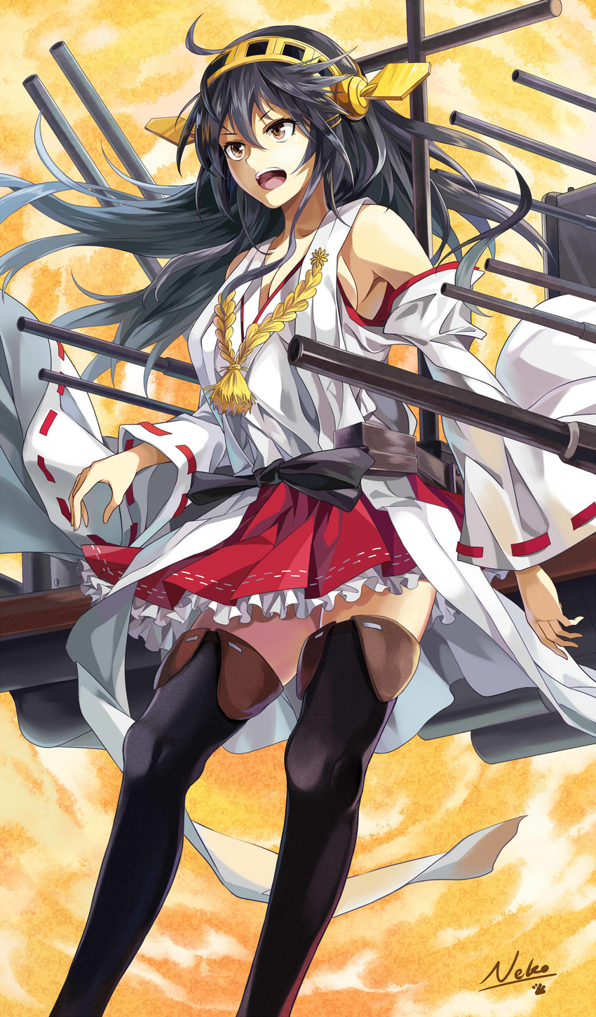 absurdres aiguillette artist_name black_hair black_legwear breasts brown_eyes cleavage detached_sleeves frilled_skirt frills hairband haruna_(kantai_collection) headgear highres japanese_clothes kantai_collection long_hair medium_breasts neko_(yanshoujie) open_mouth ribbon-trimmed_sleeves ribbon_trim skirt solo thighhighs wide_sleeves