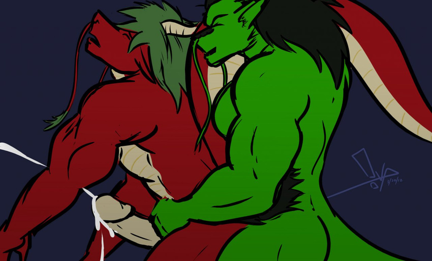 anal anal_penetration anthro bgn biceps big_muscles chinese_dragon cum cum_on_penis cumshot dragon dramon duo erection eyes_closed from_behind gay green_dragon gripping hair holding male muscles orgasm penetration penis quazy red_dragon sex whiskers