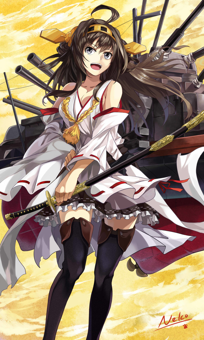 :d absurdres ahoge aiguillette artist_name black_legwear breasts brown_hair cleavage detached_sleeves frilled_skirt frills grey_eyes hairband headgear highres japanese_clothes kantai_collection katana kongou_(kantai_collection) medium_breasts neko_(yanshoujie) open_mouth ribbon-trimmed_sleeves ribbon_trim skirt smile solo sword thighhighs weapon wide_sleeves
