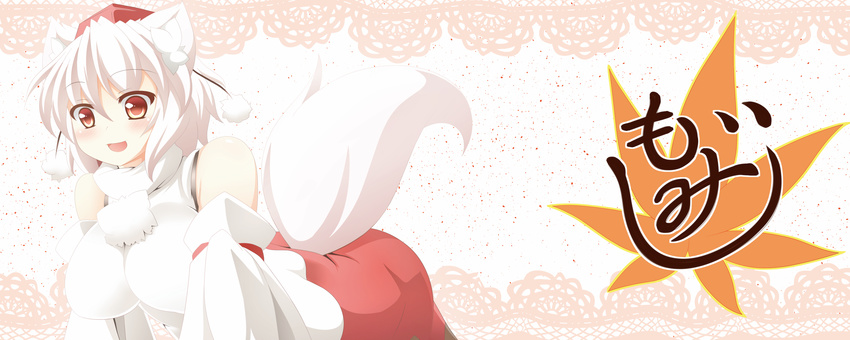 animal_ears bad_id bad_pixiv_id bent_over blush breasts character_name detached_sleeves hajime_(ak-r) hat highres inubashiri_momiji lace_background large_breasts open_mouth pom_pom_(clothes) red_eyes solo tail tokin_hat touhou white_hair wolf_ears wolf_tail