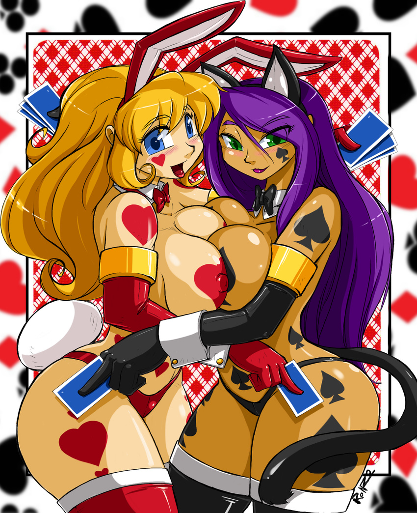 &#9824; &#9827; &#9830; &lt;3 big_breasts blonde_hair blue_eyes blush bow breast_squish breasts card clothing elbow_gloves female gloves green_eyes hair human legwear lips long_hair mammal nipples open_mouth playing_card purple_hair purple_lips red_lips shonuff spade stockings thick_thighs thighs tongue topless voluptuous wide_hips