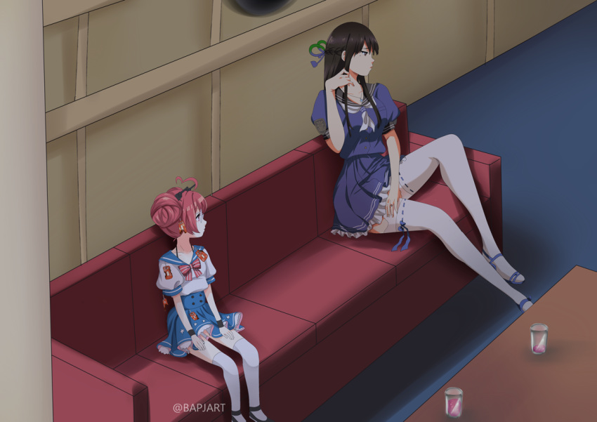 2girls ahoge alternate_hairstyle beta_(joutarou) black_footwear black_hair black_wristband blue_dress blue_ribbon braid burnt_clothes collarbone commentary couch cup double_bun dress drinking_glass english_commentary french_braid glasses green_ribbon hand_on_own_thigh hands_in_hair heart_ahoge iowa_(pacific) jewelry kimi_no_na_wa lace lace-trimmed_legwear layered_dress looking_at_another looking_away miyamizu_mitsuha mole mole_under_eye multiple_girls necklace night no_hat no_headwear omamori pacific puffy_short_sleeves puffy_sleeves red_eyes red_hair ribbon ribbon-trimmed_legwear ribbon_trim sailor_dress short_sleeves sidelocks star star_necklace strappy_heels thighhighs twitter_username warship_girls_r white_legwear william_d_porter_(warship_girls_r)