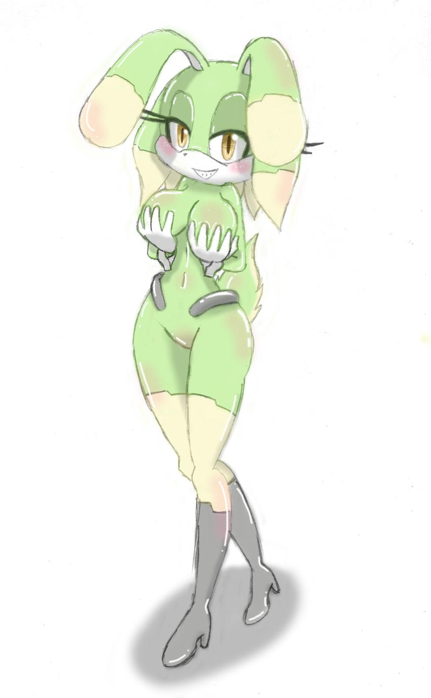 anthro big_breasts bit-small blush breasts butt charity_the_rabbit cleavage clothed clothing cute female fur green_fur lagomorph lube machine mammal mechanical oil oily orange_eyes rabbit robot solo sonic_style