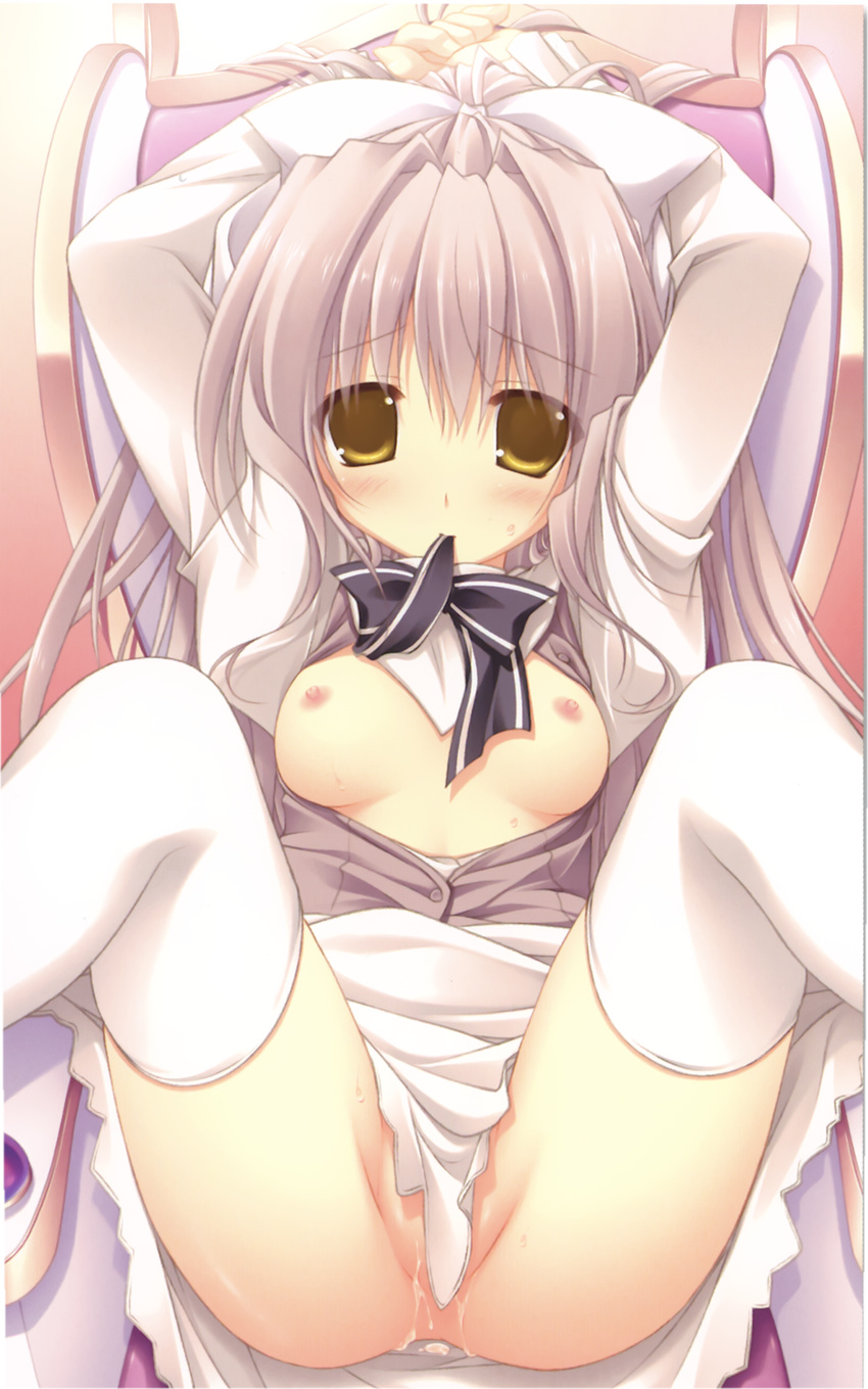 arms_up artist_request blue_bow blue_neckwear bow bowtie breasts breasts_outside grey_hair highres kiss_to_lord_to_darjeeling looking_at_viewer lycerisious_h_kirigasaki medium_breasts mouth_hold nipples no_panties open_clothes open_shirt pussy_juice shirt spread_legs thighhighs white_legwear yellow_eyes