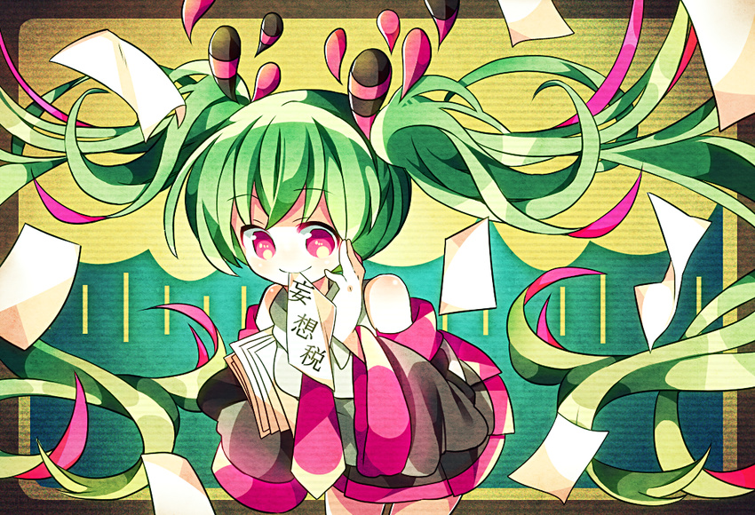 detached_sleeves floating_hair green_hair hatsune_miku hotori long_hair mousou_zei_(vocaloid) mouth_hold necktie paper pink_eyes skirt smile solo twintails very_long_hair vocaloid