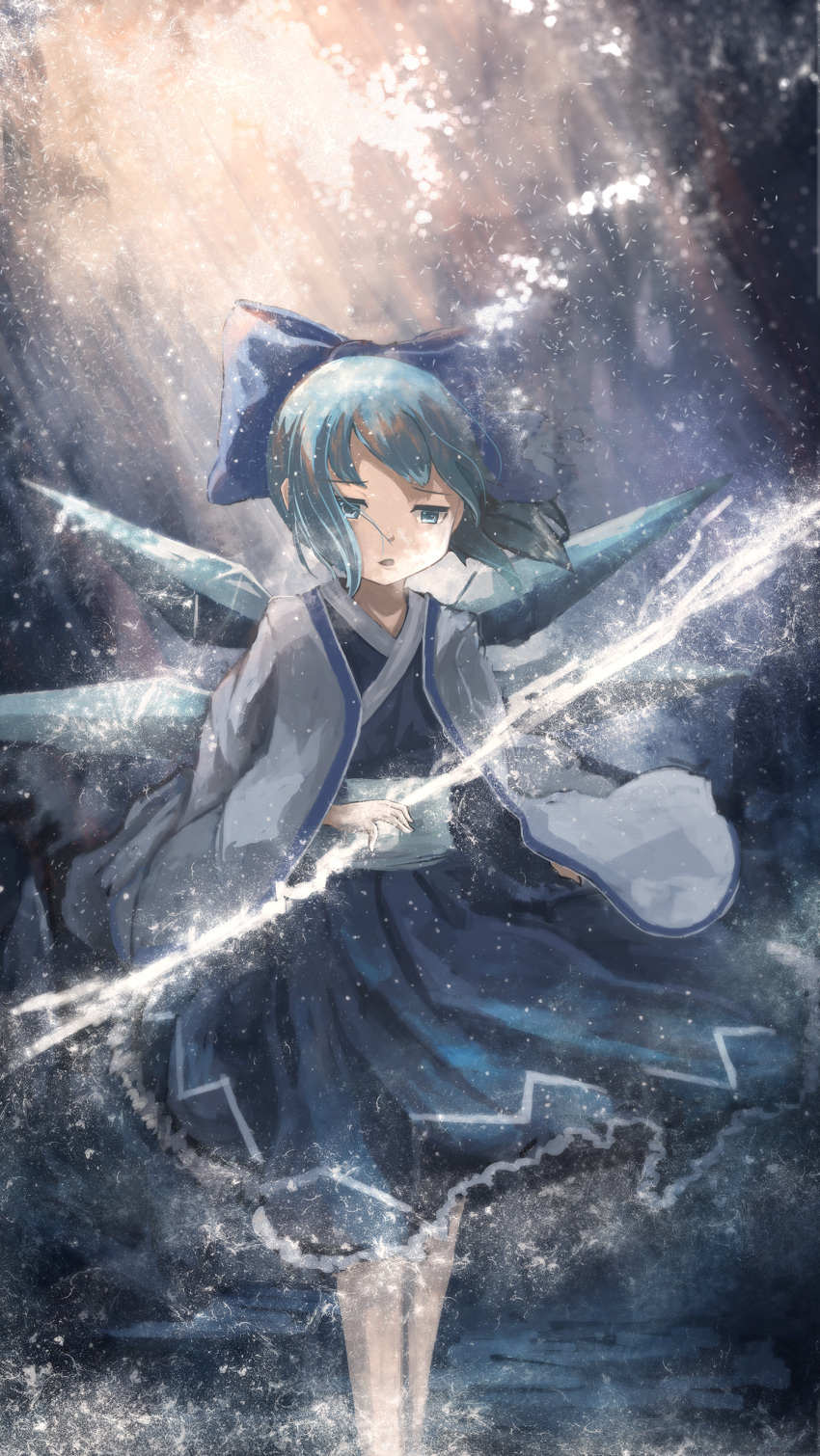 1girl absurdres blue_eyes blue_hair bow cirno commentary frost hair_bow highres ice ice_wings japanese_clothes kazu9029-paint kimono light_rays short_hair snow solo sunbeam sunlight touhou wings