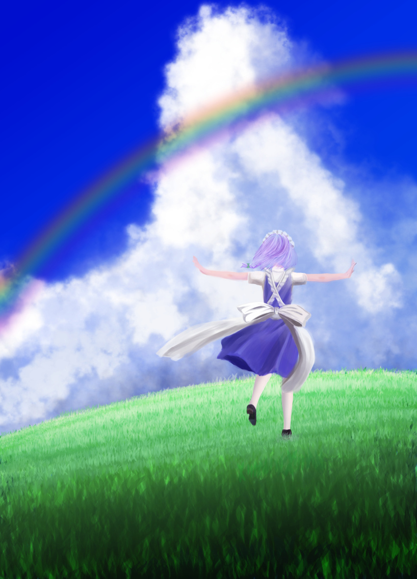 bad_id bad_pixiv_id blue_sky bow braid cloud day from_behind grass hair_bow highres hill izayoi_madai izayoi_sakuya lavender_hair maid_headdress open_hands outdoors outstretched_arms pantyhose rainbow short_hair short_sleeves single_braid skirt skirt_set sky solo spread_arms touhou white_legwear wind wind_lift
