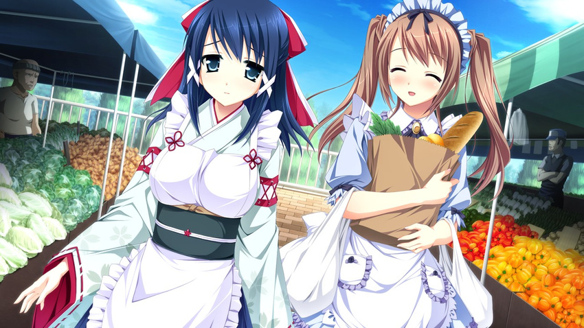 1boy 1girl apron bag blue_eyes blue_hair blush bread brown_hair crossdressing eyes_closed food game_cg japanese_clothes kimishima_ao long_hair miyama_mizuki nekonishi_akie otome_ga_tsumugu_koi_no_canvas otome_ga_tsumugu_koi_no_canvas_futari_no_gallery trap