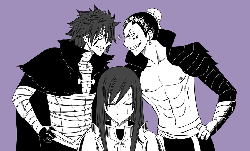 1girl 2boys angry armor bacchus_(fairy_tail) clenched_teeth earrings erza_scarlet fairy_tail jellal_fernandes jewelry long_hair milady666 monochrome multiple_boys short_hair tattoo teeth