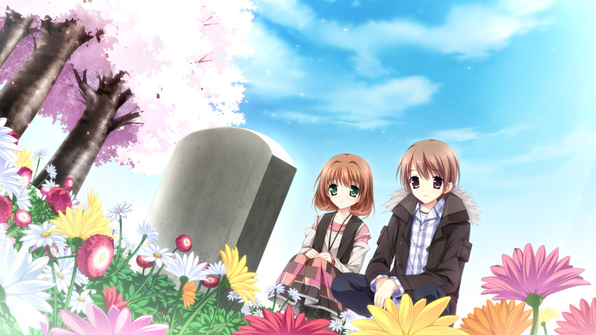 1boy 1girl brown_hair flower game_cg grave green_eyes highres inui_yuki jewelry kimishima_ao mizuki_shin necklace otome_ga_tsumugu_koi_no_canvas purple_eyes short_hair