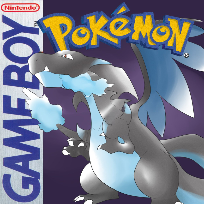 3_toes ambiguous_gender bald barefoot blue_fire charizard chestnutt chubby claws dragon english_text feral fire gameboy grey_nose hi_res lizard mega_charizard mega_charizard_x mega_evolution nintendo nude pok&#233;mon pok&eacute;mon raised_arm red_eyes reptile scalie sharp_teeth solo standing teeth text toe_claws video_games white_eyes wings