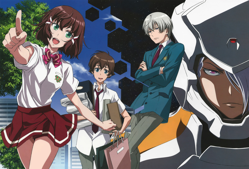 3boys a-drei bag blazer blue_eyes bow bowtie brown_hair crossed_arms day green_eyes hair_ornament hair_over_one_eye helmet highres jacket kakumeiki_valvrave l-elf miniskirt multiple_boys necktie official_art open_mouth outdoors pointing purple_eyes sashinami_shouko sawada_mika school_uniform shopping_bag short_sleeves silver_hair skirt sky smile spacesuit tokishima_haruto tree