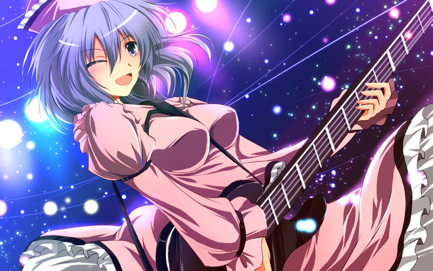 between_breasts blue_hair breasts dress guitar hat highres instrument juliet_sleeves large_breasts long_sleeves merlin_prismriver music nekominase one_eye_closed open_mouth pink_dress pink_eyes playing_instrument puffy_sleeves smile solo stage_lights touhou