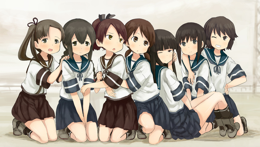 abe_kanari arm_around_shoulder ayanami_(kantai_collection) black_eyes black_hair blush boots braid brown_eyes brown_hair creator_connection fubuki_(kantai_collection) hair_ribbon hands_on_shoulders hatsuyuki_(kantai_collection) hug isonami_(kantai_collection) kantai_collection kneeling long_hair miyuki_(kantai_collection) multiple_girls official_style one_eye_closed ribbon school_uniform serafuku shibafu_(glock23)_(style) shikinami_(kantai_collection) shirayuki_(kantai_collection) short_sleeves side_ponytail sitting skirt sleepy smile tears twin_braids twintails