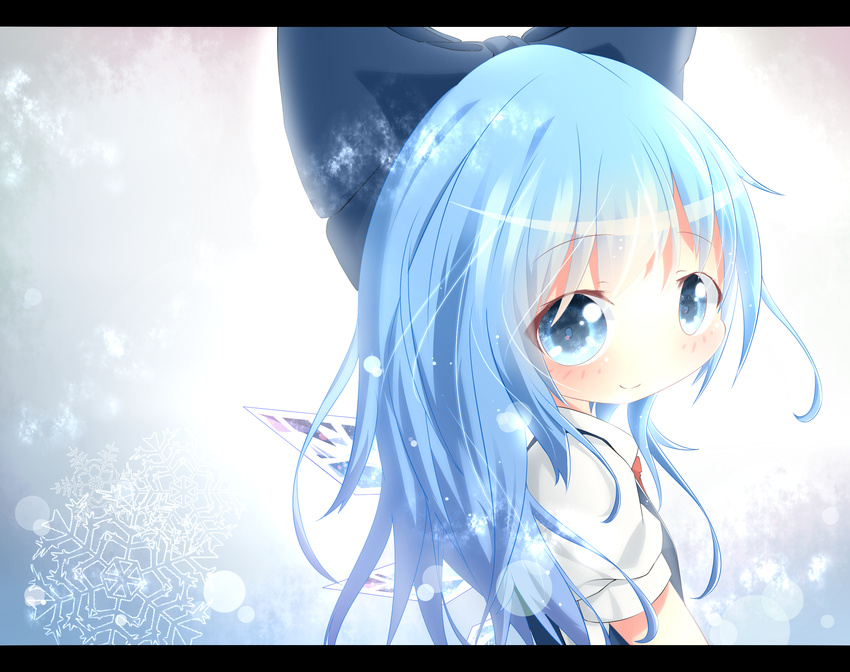 akisha alternate_hairstyle bad_id bad_pixiv_id blue_eyes blue_hair bow cirno hair_bow highres ice looking_at_viewer smile solo touhou wings