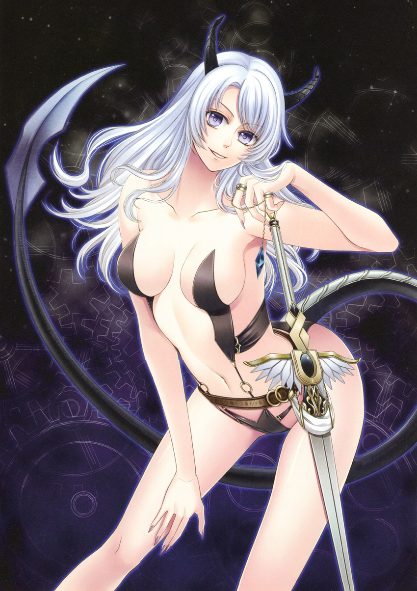 1girl absurdres artist_request blue_hair breasts copyright_request demon_girl demon_tail female highres horns long_hair monster_girl series_request smile solo sword tail weapon white_hair