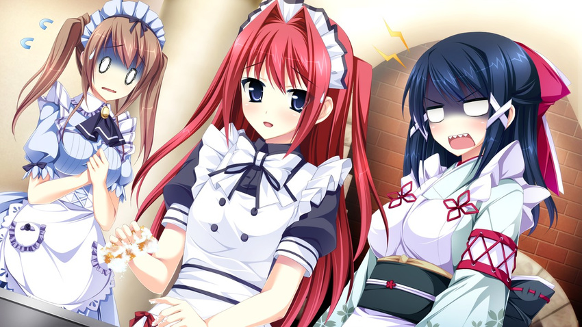 1boy 2girls anger_vein blue_eyes blue_hair brown_hair crossdressing game_cg kimishima_ao long_hair maid miyama_mizuki multiple_girls nekonishi_akie ootori_rena otome_ga_tsumugu_koi_no_canvas otome_ga_tsumugu_koi_no_canvas_futari_no_gallery red_hair trap