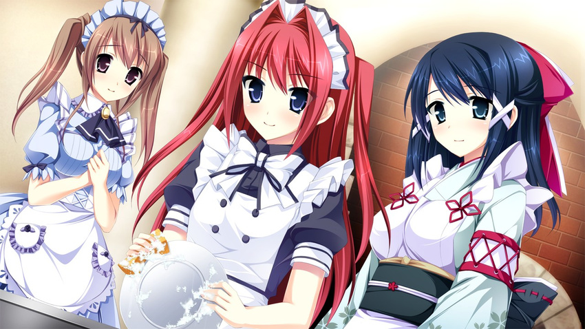 1boy 2girls blue_eyes blue_hair brown_hair crossdressing game_cg kimishima_ao long_hair maid miyama_mizuki multiple_girls nekonishi_akie ootori_rena otome_ga_tsumugu_koi_no_canvas otome_ga_tsumugu_koi_no_canvas_futari_no_gallery purple_eyes red_hair trap