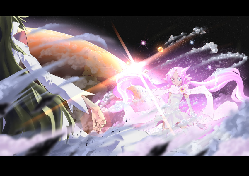 1girl blue_eyes brooch cloud commentary_request dune_(heartcatch_precure!) gloves green_hair heartcatch_precure! highres jewelry long_hair mugen_silhouette nukosann pink_hair planet precure scarf skirt smile thighhighs twintails