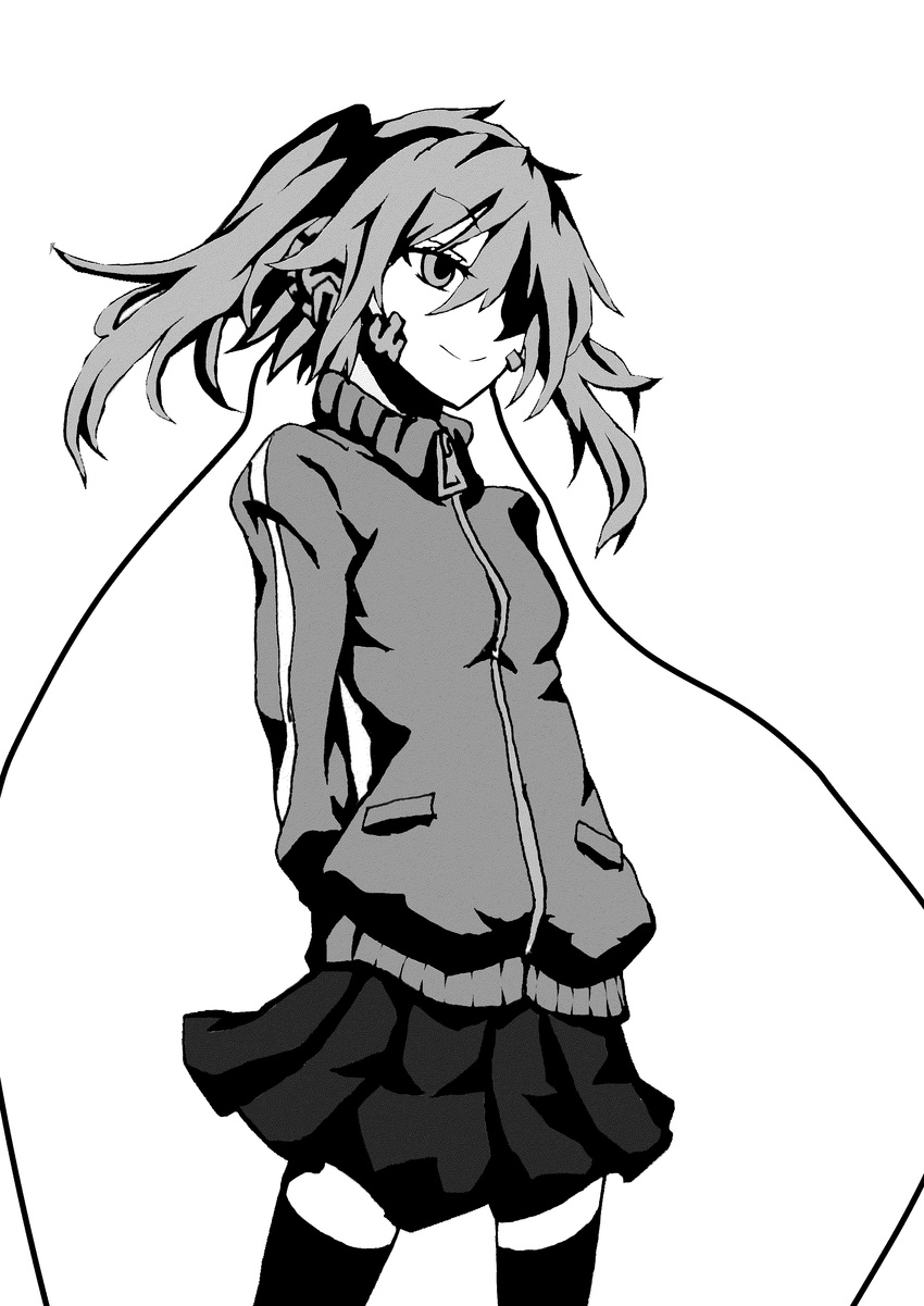 absurdres arms_behind_back bad_id bad_pixiv_id black_skirt cable ene_(kagerou_project) greyscale hair_over_one_eye headphones highres jacket kagerou_project matsukei monochrome skirt smile solo striped_sleeves thighhighs track_jacket twintails white_background zettai_ryouiki zipper