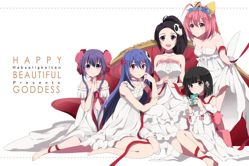 ayukawa_tenri barefoot black_hair book braids choker dress elsee_de_ruth_ima eunram haqua_du_lot_herminium long_hair nakagawa_kanon purple_hair ribbons shiomiya_shiori short_hair the_world_god_only_knows white