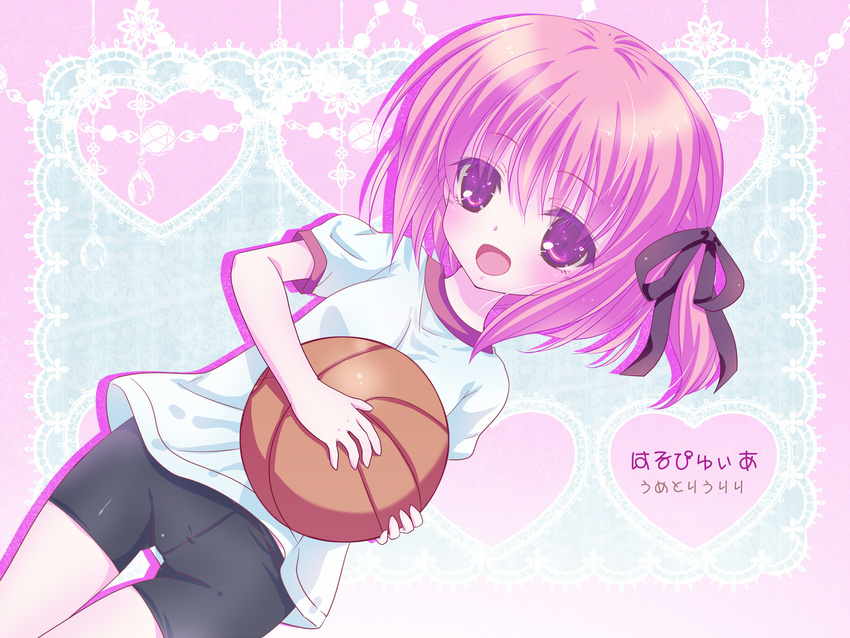 basketball bike_shorts gym_uniform highres minato_tomoka one_side_up purple_eyes purple_hair ribbon rou-kyuu-bu! short_hair shorts smile solo thigh_gap umetori_uriri