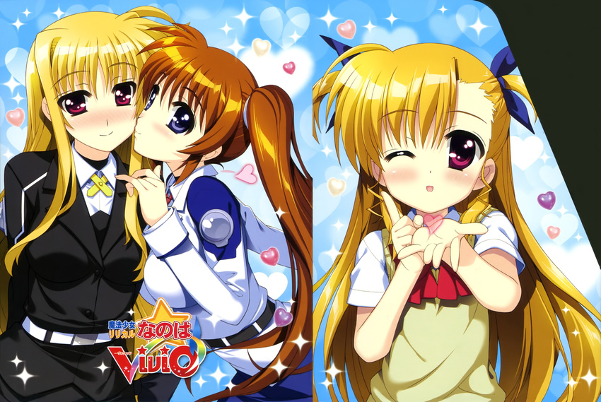 absurdres blonde_hair blown_kiss blush bow cheek_kiss copyright_name fate_testarossa fujima_takuya full-face_blush hair_ribbon heart highres kiss long_hair low-tied_long_hair lyrical_nanoha mahou_shoujo_lyrical_nanoha_vivid military military_uniform multiple_girls official_art one_eye_closed purple_eyes red_bow red_eyes red_hair ribbon scan school_uniform side_ponytail smile sparkle st._hilde_academy_of_magic_uniform sweater_vest takamachi_nanoha tsab_air_military_uniform tsab_executive_military_uniform uniform vivio yuri