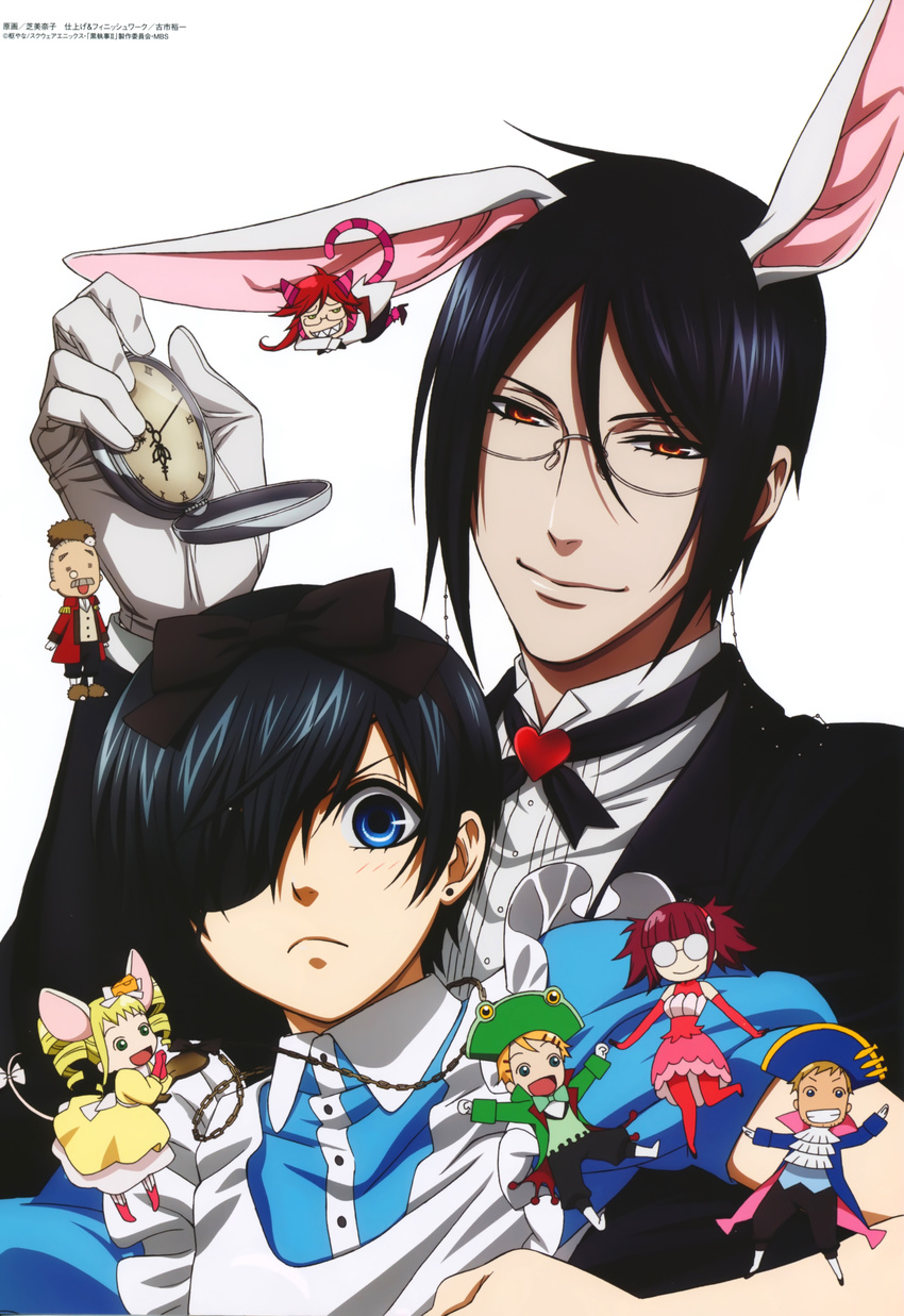 6+boys absurdres alice_in_wonderland blonde_hair blue_eyes blue_hair ciel_phantomhive crossdressing curly_hair elizabeth_ethel_cordelia_midford eyepatch finnian glasses gloves green_eyes grell_sutcliff highres kuroshitsuji meirin_(kuroshitsuji) multiple_boys multiple_girls one_eye_closed red_eyes sebastian_michaelis shiba_minako short_hair twintails