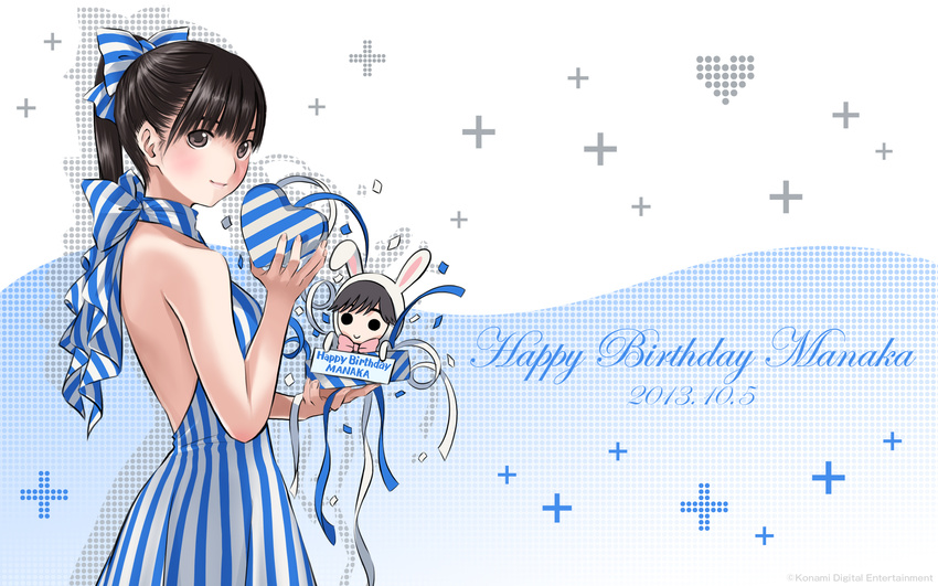 animal_costume bare_back black_hair blush bow brown_eyes bunny_costume dated dress from_side hair_bow happy_birthday highres love_plus mino_tarou official_art ponytail ribbon smile solo striped striped_bow striped_dress takane_manaka vertical-striped_dress vertical_stripes wallpaper