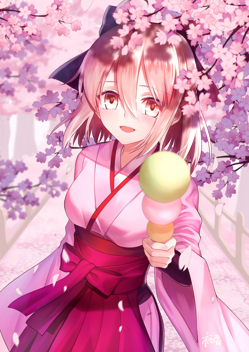 1girl :d bangs black_bow blurry blurry_background blurry_foreground blush bow brown_eyes commentary_request dango day depth_of_field eyebrows_visible_through_hair fate/grand_order fate_(series) flower food gogatsu_fukuin hair_between_eyes hair_bow hakama highres holding holding_food japanese_clothes kimono koha-ace light_brown_hair long_sleeves looking_at_viewer okita_souji_(fate) okita_souji_(fate)_(all) open_mouth outdoors petals pink_flower pink_kimono red_hakama sanshoku_dango short_kimono smile solo tree_branch wagashi wide_sleeves