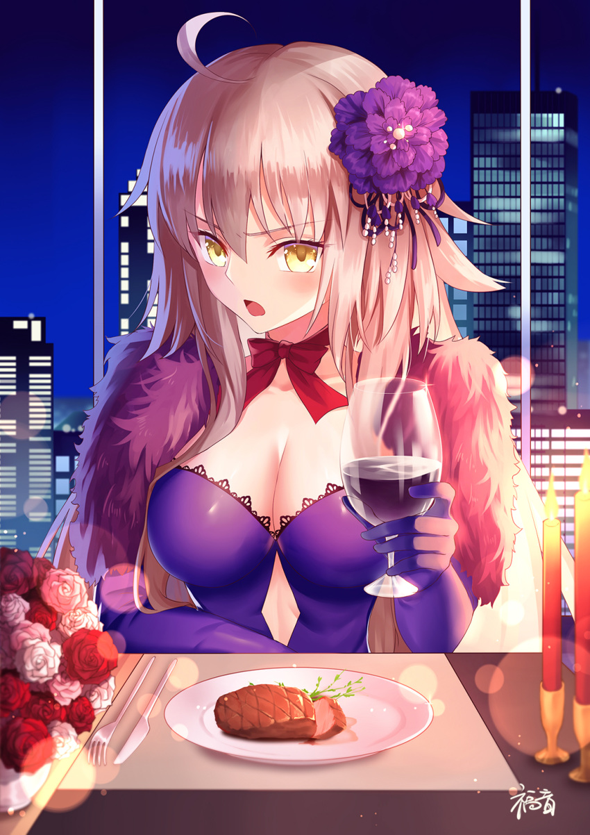1girl ahoge bangs bow breasts brown_eyes building burning candle cityscape cleavage commentary_request cup dress drinking_glass elbow_gloves eyebrows_visible_through_hair fate/grand_order fate_(series) fire flower food fork fur_collar gloves gogatsu_fukuin hair_between_eyes hair_flower hair_ornament highres holding holding_cup indoors jeanne_d'arc_(alter)_(fate) jeanne_d'arc_(fate)_(all) jeanne_d'arc_(alter)_(fate) jeanne_d'arc_(fate)_(all) knife large_breasts light_brown_hair long_hair looking_at_viewer meat night night_sky open_mouth plate purple_dress purple_flower purple_gloves red_bow red_flower red_rose rose signature sky skyscraper solo strapless strapless_dress upper_body very_long_hair white_flower white_rose wine_glass