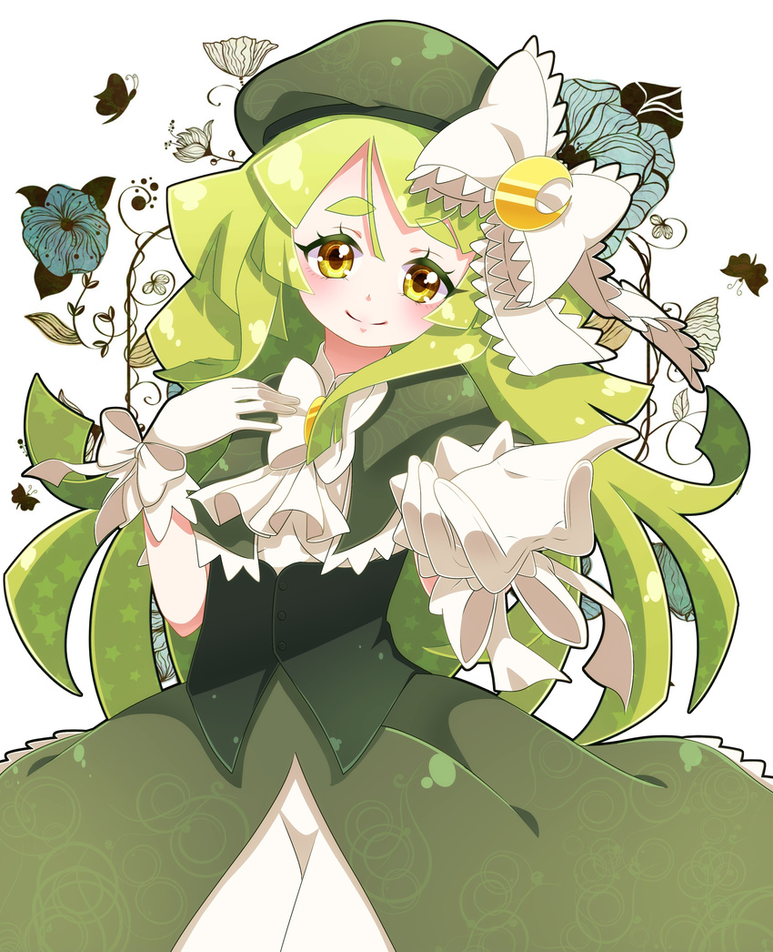 absurdres ascot bow bowtie crescent dress flower gen'ei_wo_kakeru_taiyou gloves green_hair green_hat hair_bow hand_on_own_chest hat highres long_hair looking_at_viewer md5_mismatch outstretched_arm reaching_out smile solo tsukuyomi_luna white_gloves white_neckwear yellow_eyes yupiteru