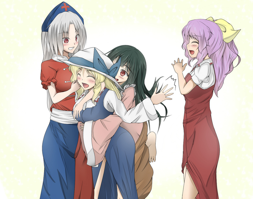 ^_^ arm_around_neck arm_up barefoot black_hair blonde_hair blush breasts closed_eyes dress grin hair_ribbon hand_in_hair hand_on_another's_chest hat hat_ribbon houraisan_kaguya hug hug_from_behind lavender_hair leg_up long_hair looking_at_another medium_breasts multiple_girls nurse_cap open_mouth ponytail puffy_short_sleeves puffy_sleeves red_eyes ribbon sash shamisen_(syami_sen) short_sleeves silver_hair simple_background smile touhou very_long_hair watatsuki_no_toyohime watatsuki_no_yorihime white_background yagokoro_eirin