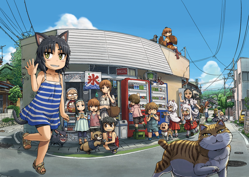 6+girls akaname_(neko_musume_michikusa_nikki) animal animal_ears bare_shoulders bird blue_sky blush building cat cat_ears chii_(neko_musume_michikusa_nikki) chinatsu_(neko_musume_michikusa_nikki) cloud collarbone crow daruma_doll day dress english everyone feathered_wings feathers harpy highres hime_cut hinata_daiki hoshino_hajime_(neko_musume_michikusa_nikki) house ike_(altitude_attitude) jorogumo_(neko_musume_michikusa_nikki) kappa_(neko_musume_michikusa_nikki) kokkuri_(neko_musume_michikusa_nikki) koma_(neko_musume_michikusa_nikki) komainu kooribata kurona_(neko_musume_michikusa_nikki) kutchii loafers monster_girl morinji_rin multiple_boys multiple_girls neko_musume_michikusa_nikki outdoors plant pole power_lines raccoon real_world_location road sharp_teeth shishimaru_(neko_musume_michikusa_nikki) shoes shop sidewalk sky smile standing street striped striped_dress sundress teeth tengu_(neko_musume_michikusa_nikki) toda_mitsuru tree vending_machine waving whiskers wings