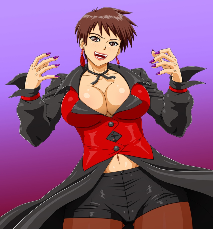 breasts brown_eyes brown_hair choker cleavage earrings fingernails highres jewelry large_breasts lipstick long_coat makani_kohitujito makeup nail_polish navel no_bra open_mouth pantyhose purple_background ribbon_choker sharp_fingernails short_hair shorts solo the_king_of_fighters vice waistcoat