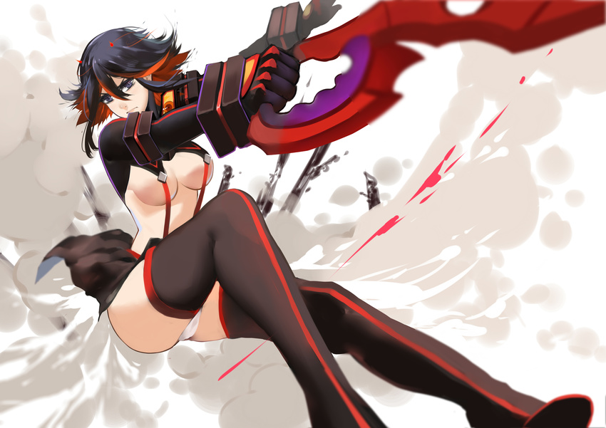 absurdres boots breasts citemer cleavage highres kill_la_kill large_breasts long_legs looking_away matoi_ryuuko midriff multicolored_hair scissor_blade senketsu solo suspenders thigh_boots thighhighs two-tone_hair weapon