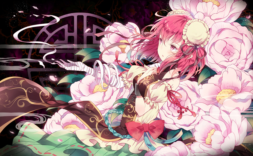bandages between_breasts bow breasts brown_ribbon bun_cover cuffs detached_sleeves domotolain double_bun floral_background floral_print flower hand_on_own_chest ibaraki_kasen outstretched_arm outstretched_hand petals pink_eyes pink_flower pink_hair pink_rose puffy_sleeves red_bow red_ribbon ribbon rose rose_petals shackles shirt short_sleeves skirt solo tabard touhou