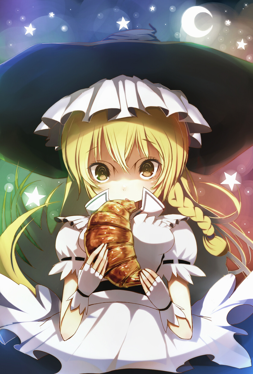 bad_id bad_pixiv_id blonde_hair blurry bokeh braid crescent crescent_moon croissant curiosities_of_lotus_asia depth_of_field fingerless_gloves food gloves hat highres kirisame_marisa long_hair looking_at_viewer moon short_sleeves side_braid single_braid solo soratoa star touhou white_gloves witch_hat yellow_eyes