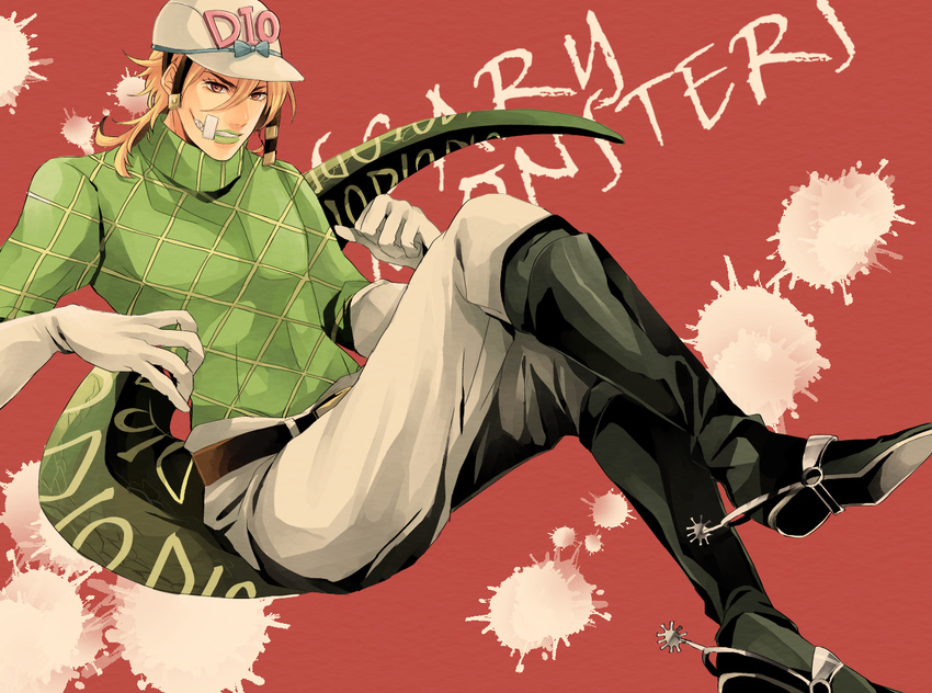 bandage_on_face blonde_hair boots diego_brando gloves green_lipstick green_shirt hat jojo_no_kimyou_na_bouken kino_(o2ban0) lipstick makeup male_focus red_eyes scary_monsters_(stand) shirt solo spurs stand_(jojo) steel_ball_run sweater tail turtleneck