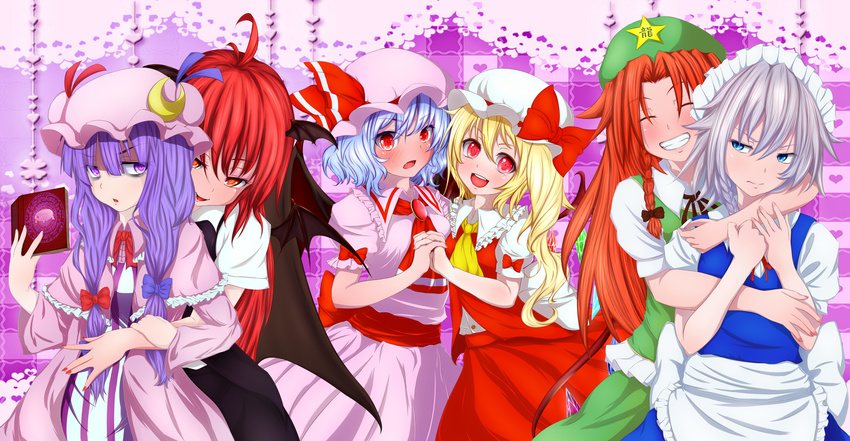 absurdres ahoge apron ascot bags_under_eyes bat_wings blonde_hair blue_eyes blue_hair blush book bow braid brooch checkered checkered_background closed_eyes crescent double_bun dress fang fangs fingernails flandre_scarlet frown full-face_blush grimoire grin hair_bow hat hat_ribbon head_tilt head_wings highres holding_hands hong_meiling hug hug_from_behind interlocked_fingers izayoi_sakuya jewelry koakuma lace_border lavender_hair long_hair long_sleeves looking_at_viewer magic_circle maid_headdress misumo mob_cap multiple_girls nail_polish open_book open_mouth patchouli_knowledge pentagram puffy_short_sleeves puffy_sleeves purple_eyes red_eyes red_hair remilia_scarlet ribbon robe sash short_hair short_sleeves side_ponytail sidelocks sideways_glance silver_hair single_braid skirt skirt_set slit_pupils smile star striped striped_dress sweat touhou waist_apron wings wrist_grab you_gonna_get_raped yuri