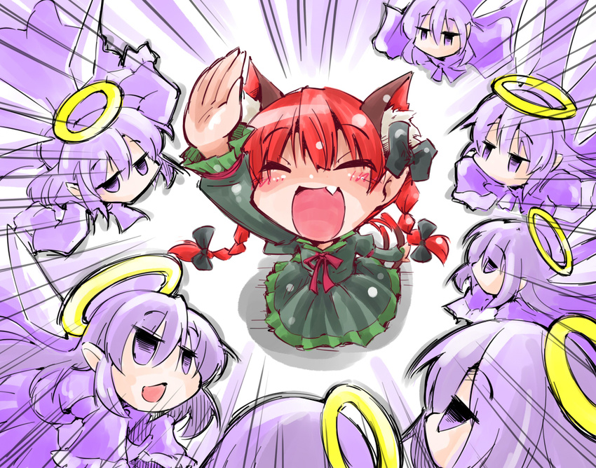 animal_ears arm_up braid cat_ears cat_tail chestnut_mouth closed_eyes dress extra_ears fang green_dress hair_ribbon halo juliet_sleeves kaenbyou_rin long_sleeves multiple_girls open_mouth puffy_sleeves purple_eyes purple_hair red_hair ribbon shinapuu smile tail touhou twin_braids zombie_fairy