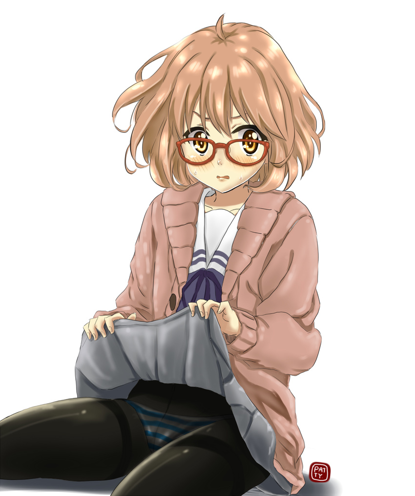 black_legwear blush brown_eyes brown_hair cardigan crotch_seam glasses highres kuriyama_mirai kyoukai_no_kanata looking_at_viewer md5_mismatch panties panties_under_pantyhose pantyhose patty_(artist) red-framed_eyewear school short_hair simple_background sitting skirt skirt_lift striped striped_panties sweat thighband_pantyhose underwear uniform