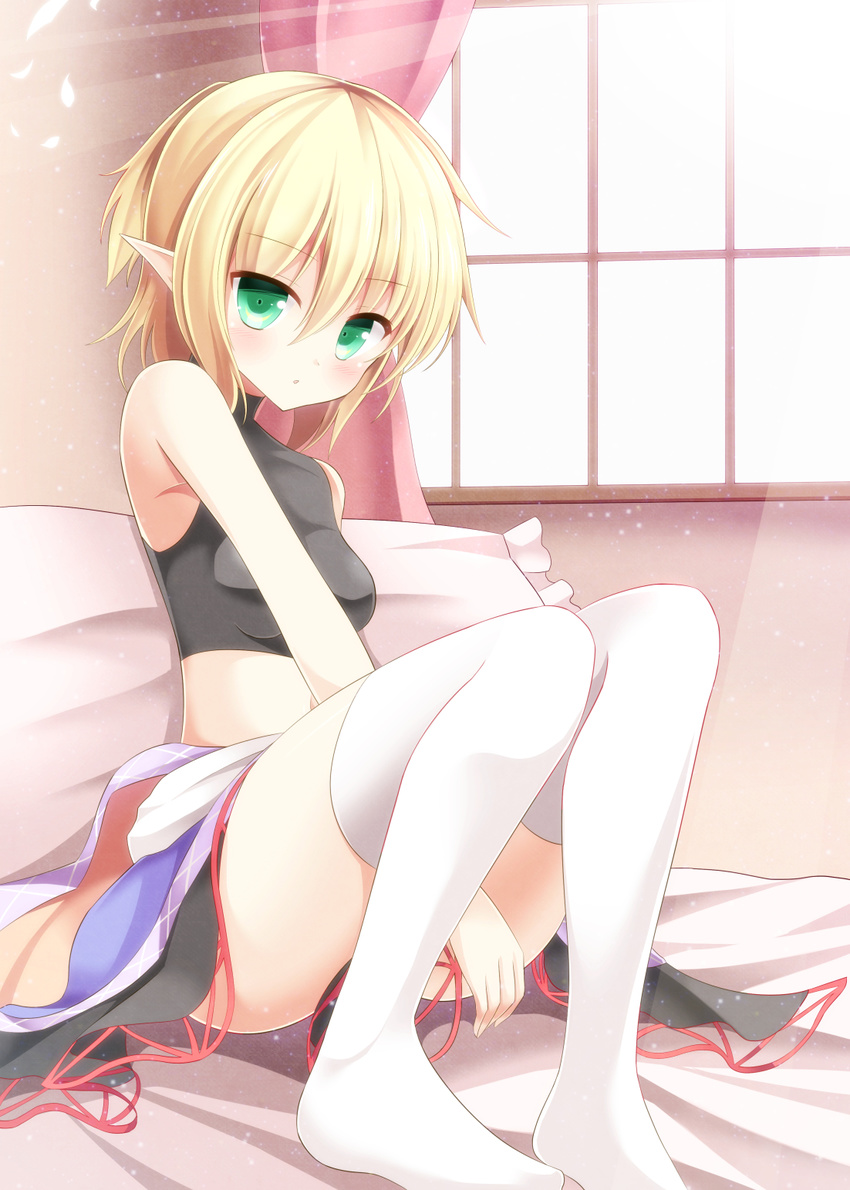 aibumi bad_id bad_pixiv_id blonde_hair green_eyes highres light_particles looking_at_viewer midriff mizuhashi_parsee petals pillow pointy_ears sitting skirt solo strapless thighhighs touhou tubetop white_legwear window