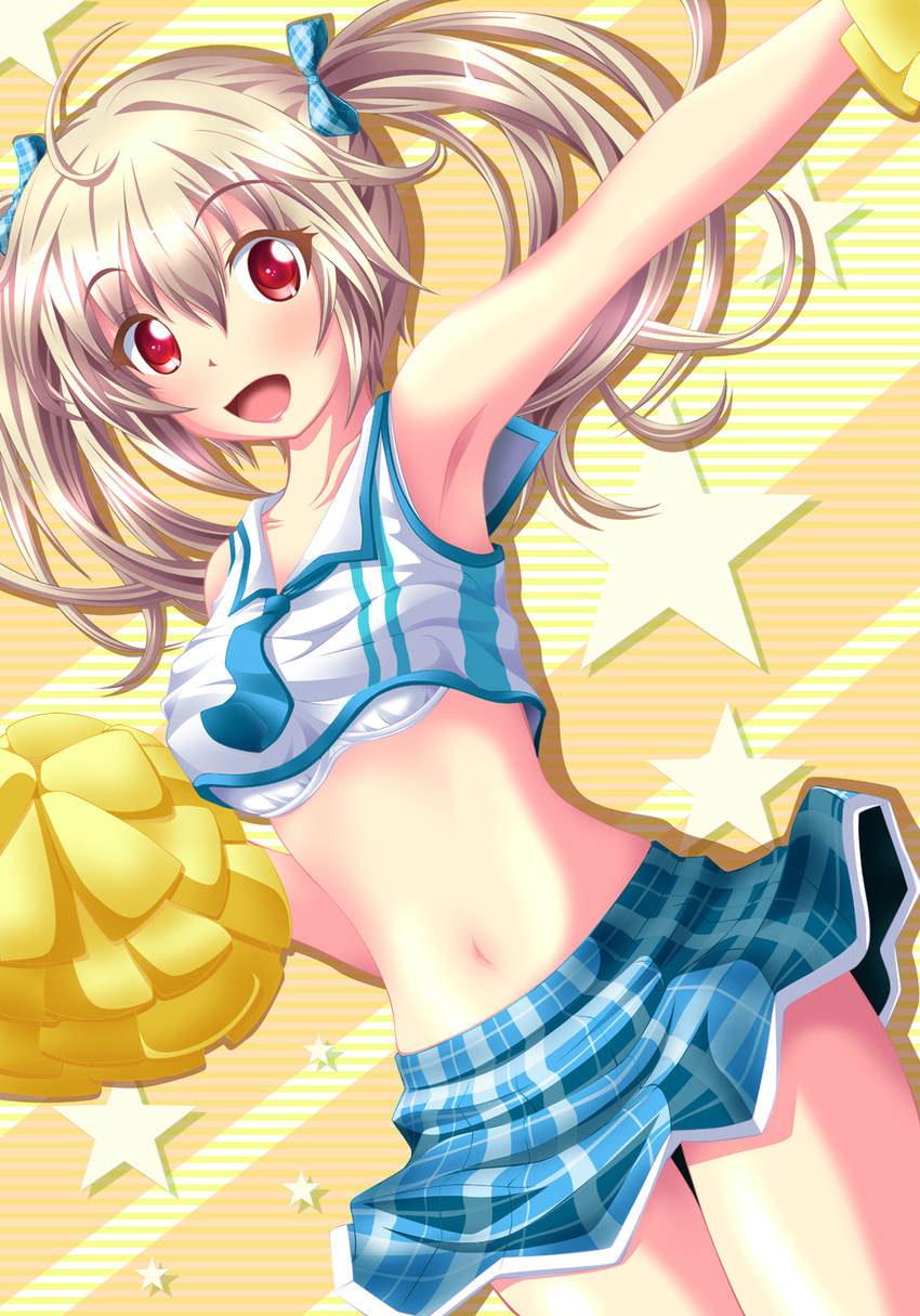 armpits blonde_hair bra cheerleader hair_ribbon highres long_hair looking_at_viewer midriff navel neats open_mouth original outstretched_arm pom_poms red_eyes ribbon shirt skirt smile solo star twintails underwear upshirt white_bra