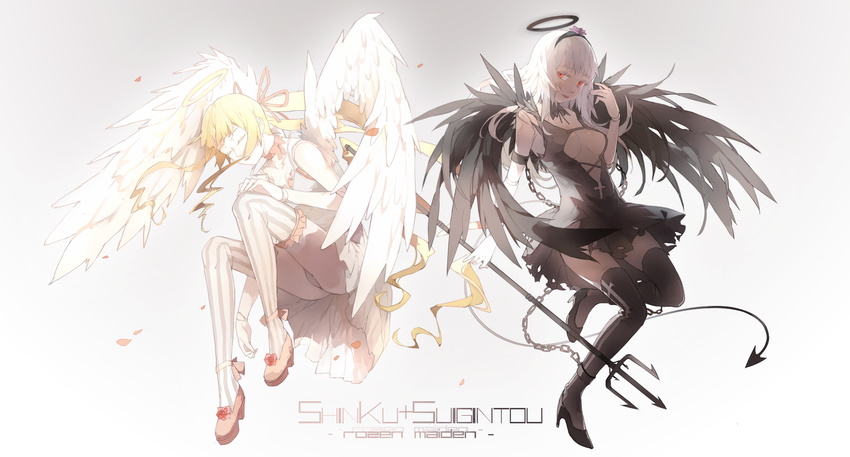 alternate_costume angel_and_devil angel_wings black_dress black_legwear black_wings blonde_hair breasts chain choker cleavage cleavage_cutout closed_eyes cuffs doll_joints dress gradient gradient_background hair_ribbon halo highres long_hair looking_at_viewer medium_breasts midriff multiple_girls nine_(liuyuhao1992) panties petals polearm red_eyes revealing_clothes ribbon ribbon_choker rozen_maiden shackles shinku silver_hair striped striped_legwear suigintou thighhighs trident underboob underwear vertical-striped_legwear vertical_stripes very_long_hair weapon white_dress white_panties wings